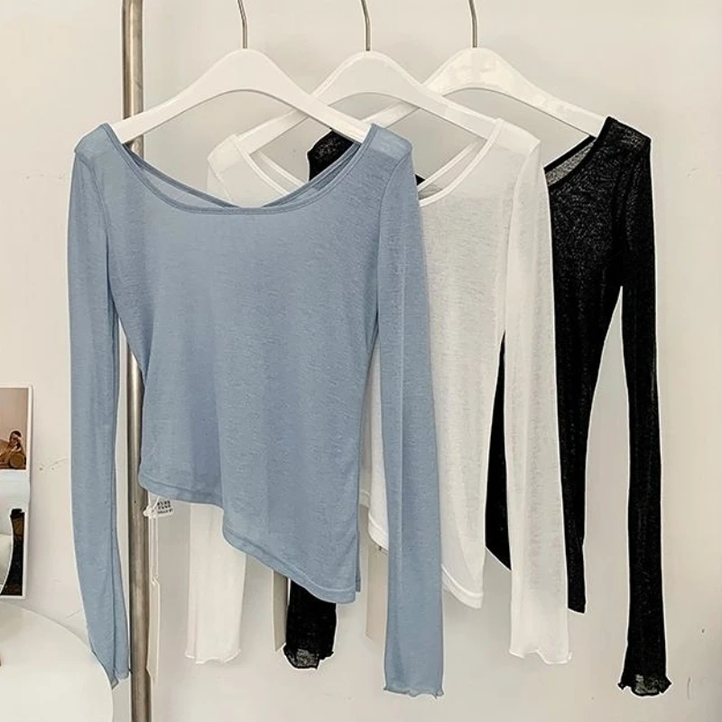 Summer T-shirts Women Slim Breathable Sunscreen Chic Sexy Designed O-neck Asymmetrical Leisure Cropped Tops Popular Long Sleeve