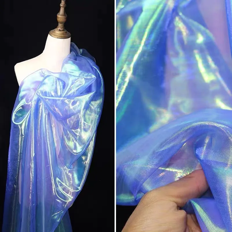 New designer Fluorescent Fabrics Colorful Shiny Gauze Fabric Stage Wedding Christmas Decor Voile Transparent Holographic Fabric