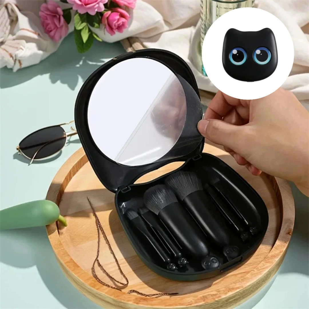 6Pcs Mini Travel Makeup Brushes Set with Mirror Cat Storage Box Travel Makeup Brushes Set Cosmetic Powder Blush Blending Brushes
