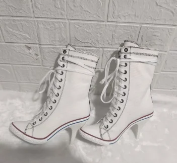 

Холщовые лоскутные женские ботинки до середины икры с острым носком, на высоком каблуке с шипами, на шнуровке, большой размер, весенняя модная женская обувь