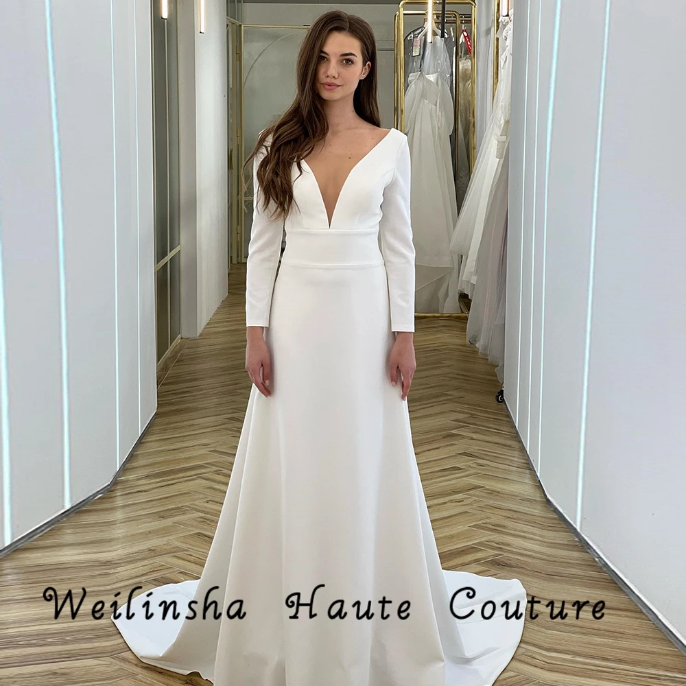 

Weilinsha V Neck Jersey Wedding Dresses New Simple White Bridal Gowns Full Sleeve Court Train 2022 Summer Robe De Mariée Sale