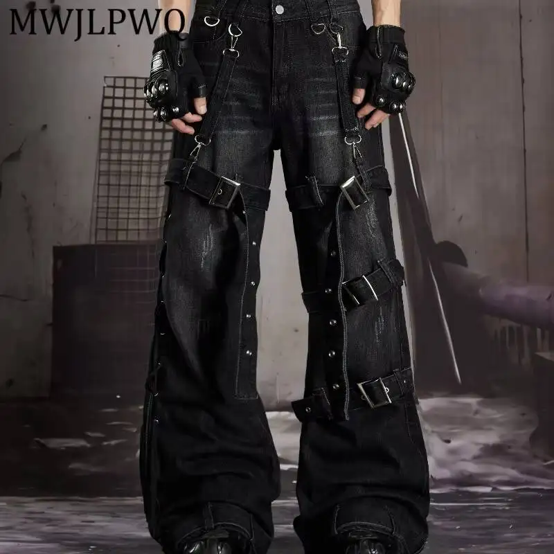 MWJLPWQ Washed Wide Leg Denim Jean Multi Metal Buckle Strap Rivet Decor High Waist Men Gothic Punk Street Loose Bottom 16954