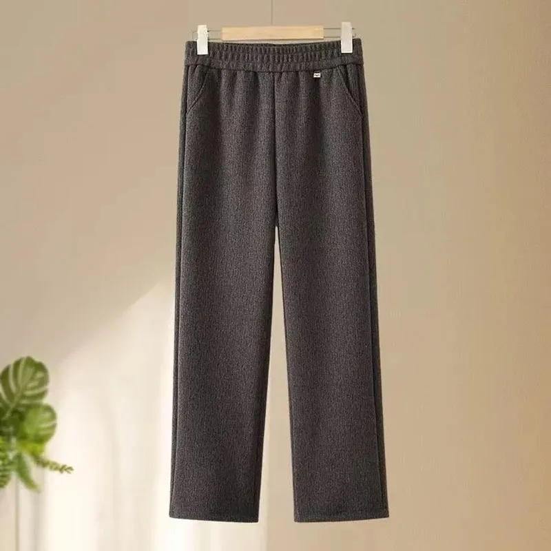 2026 Mom Middle-aged Elderly People's Flip Wool Pants Spring Autumn Thickened Casual Trousers Wide-leg Pants