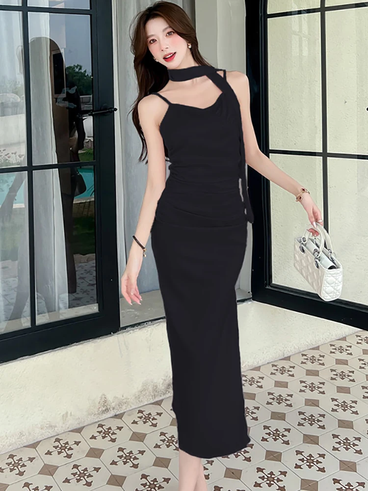 Verão rosa cetim chique estilingue sexy vestido longo feminino elegante vestido de festa de dança de luxo 2025 coreano vintage bodycon vestidos de noite