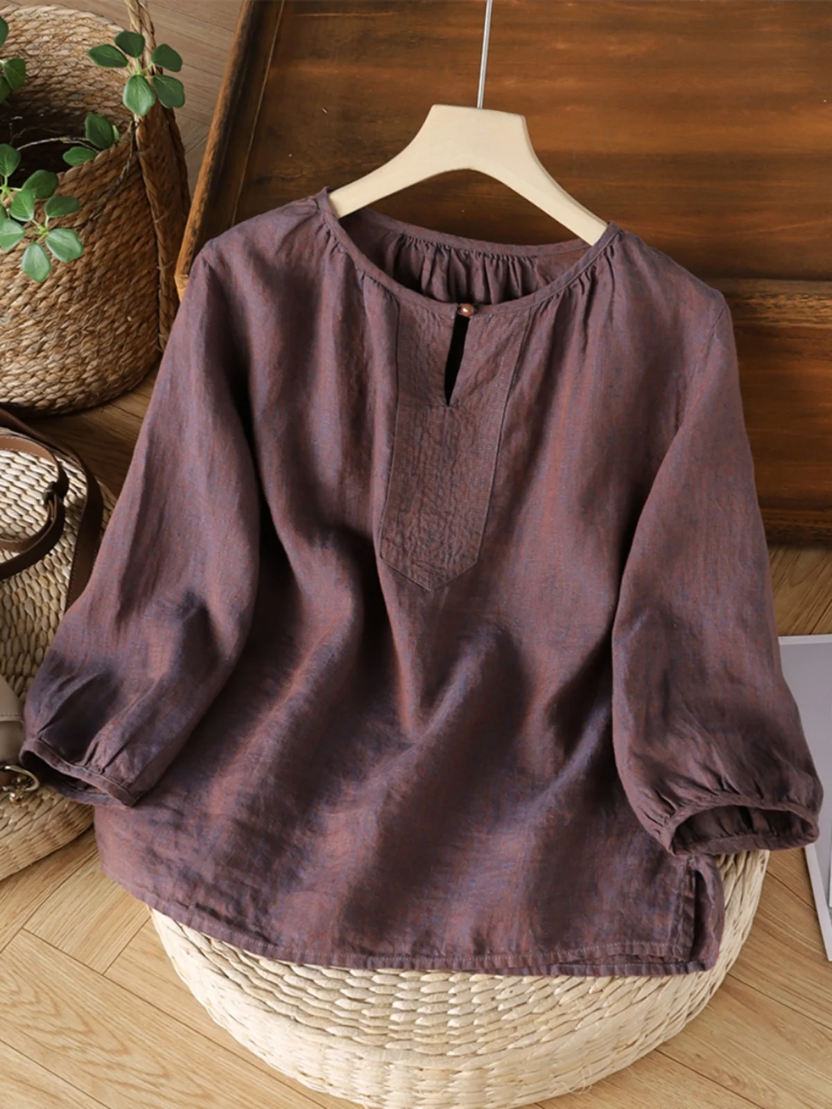 Lose Seven-Viertel Sve Small V-Ne Künstlerische Vintage Damen T-Shirt Sommer Neue Sle Pendeln Sle Reine Farbe Andere Mate...