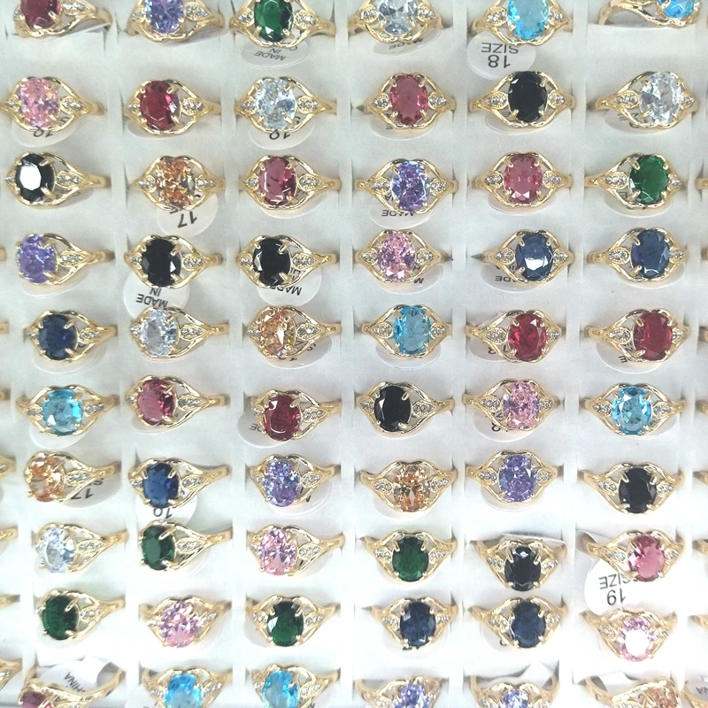 Mixed Color Women's Rings Faceted Rhinestone Gold Plated for Party 50pcs/pack