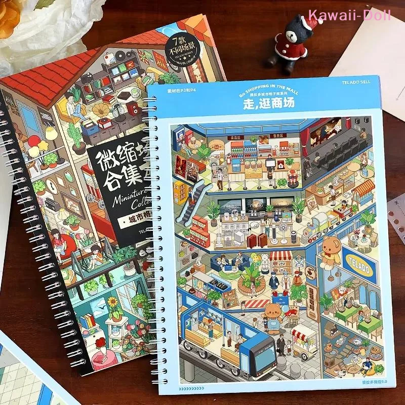[DO]1 Book Miniature Scene Sticker Collection Book With 7 Themed Scenarios Smudge Proof Printing[DO]