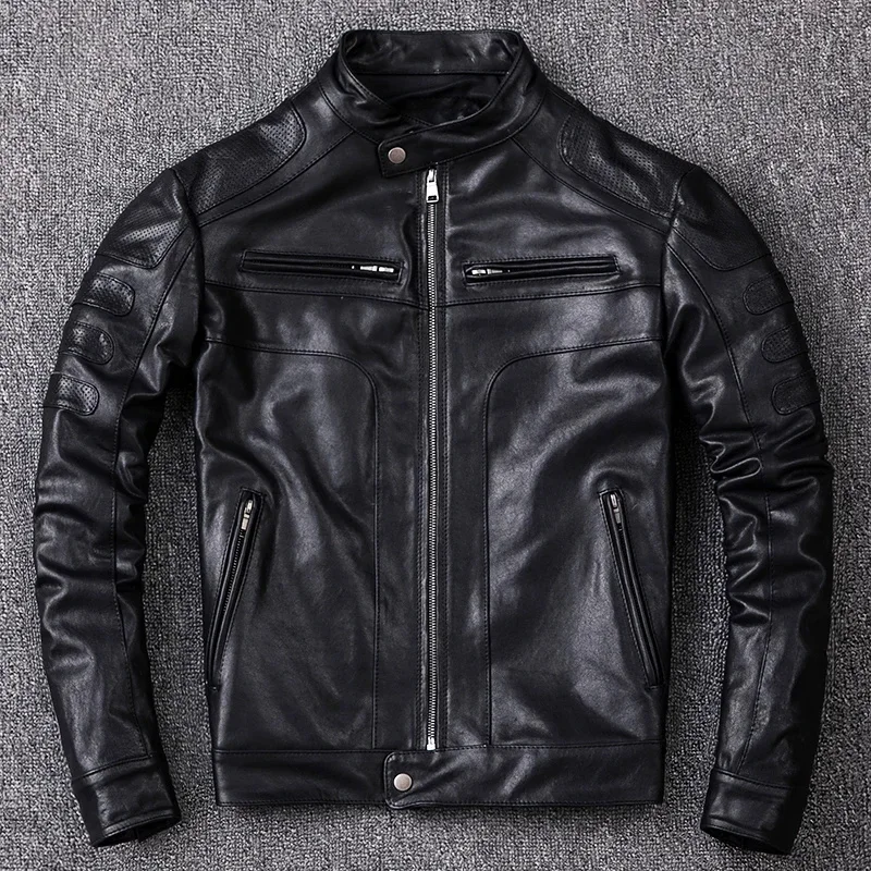 Men's Vegetable Tanned Sheepskin Leather Jacket Motorcycle Biker Jackets Slim Short Stand Collar Genuine Clothes Coat