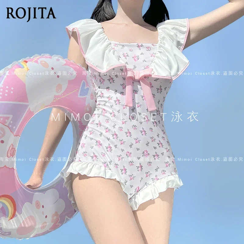 Summer New Lolita One-piece Swimsuit Women's Kawaii Bow Print Hot Spring Beach Swimwear Sweet Female Student Bathing Suit Women