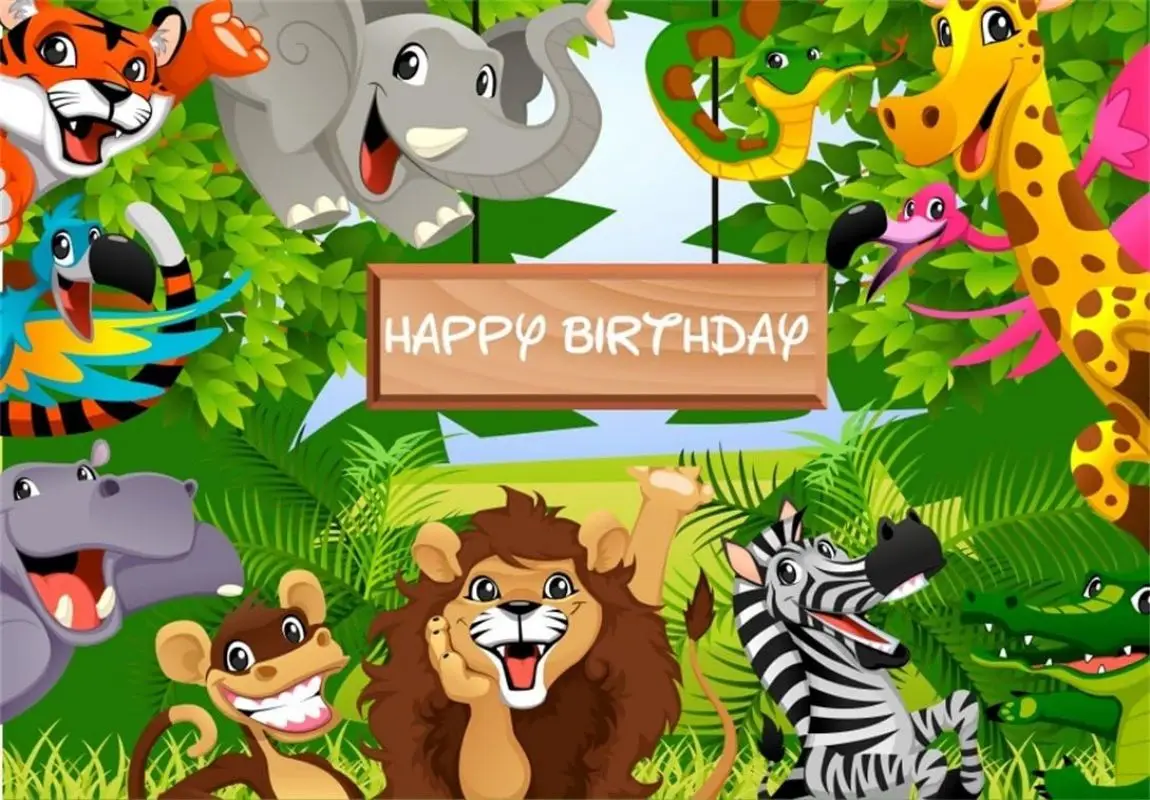 Cartoon Safari Park Animals Backdrop Kids Happy Birthday Party Decorations Forest Photography Background Baby Zoo Boy Banner