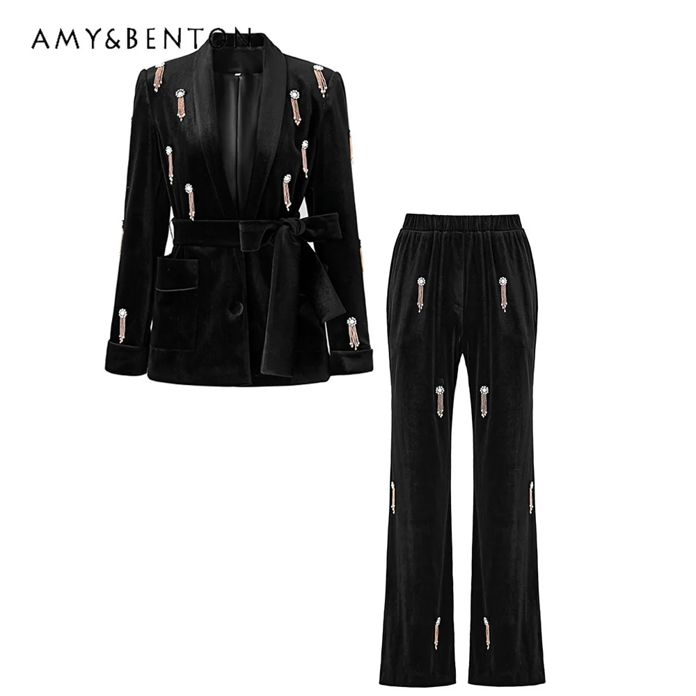 Retro High-End Heavy Industry Beads Lace-up Velvet Suit Jackets Elastic Slim Wide-Leg Pants Two-Piece Sets Fashion Outfits Women