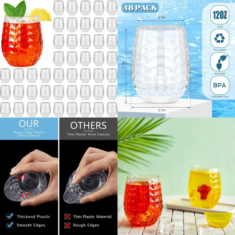 

Пластиковые бокалы для вина, 12 унций, прозрачные, многоразовые, без ножек, упаковка 48 штук, коктейльные бокалы, ананасовые чашки, гавайский стиль Тики