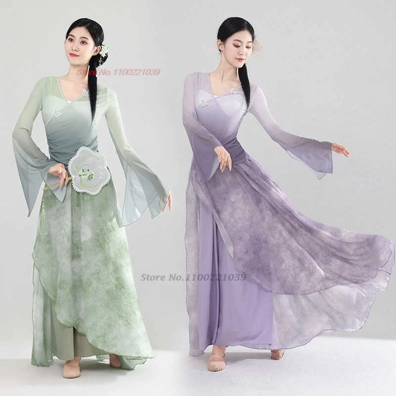 2023 Chinese Traditionele Hanfu Tops + Broek Set Dans Kostuum Stage Performance Jurk Gradiëntkleur Mesh Hanfu Volksdans Jurk