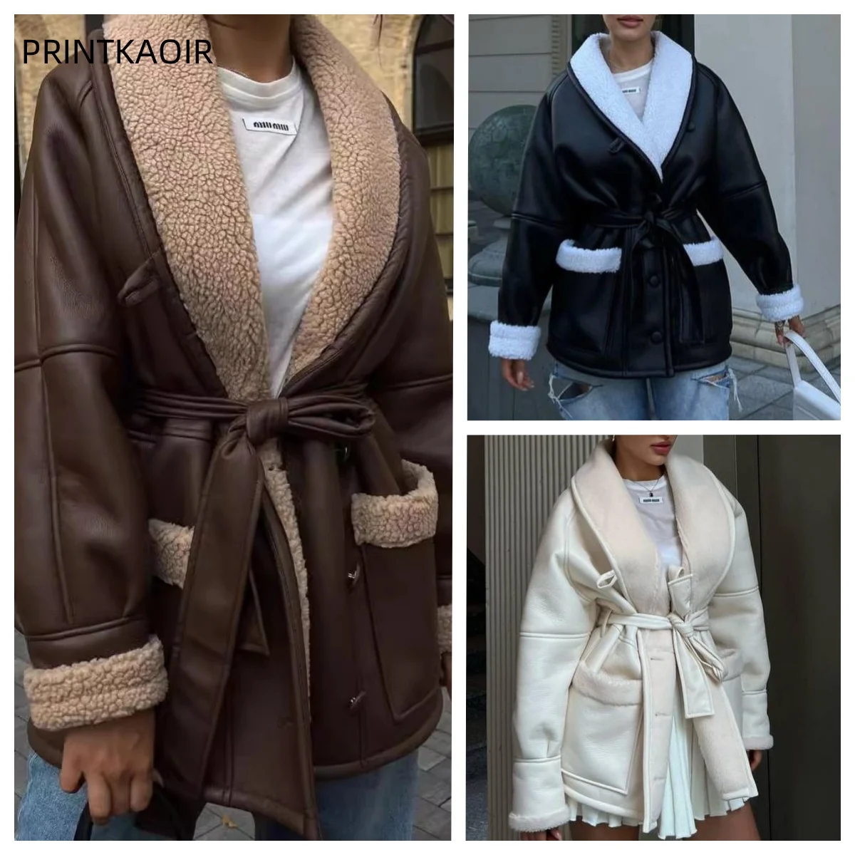 Winter Fur Leather Thick Jacket for Women Fake Shearling Single Breasted Turn-down Collar Belts Coat Female Long Sleeve Ouwear