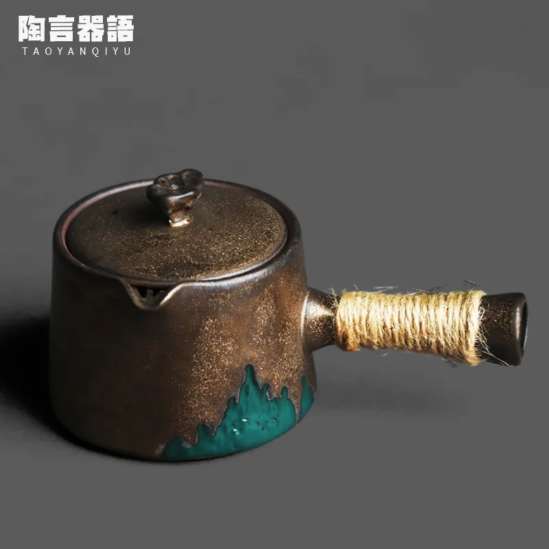 

Японский Горелый чайник с обжаренными черными и золотыми красками, ручка с боковой ручкой, ручная работа, ретро керамика, чайник с широким горлом, один чайник