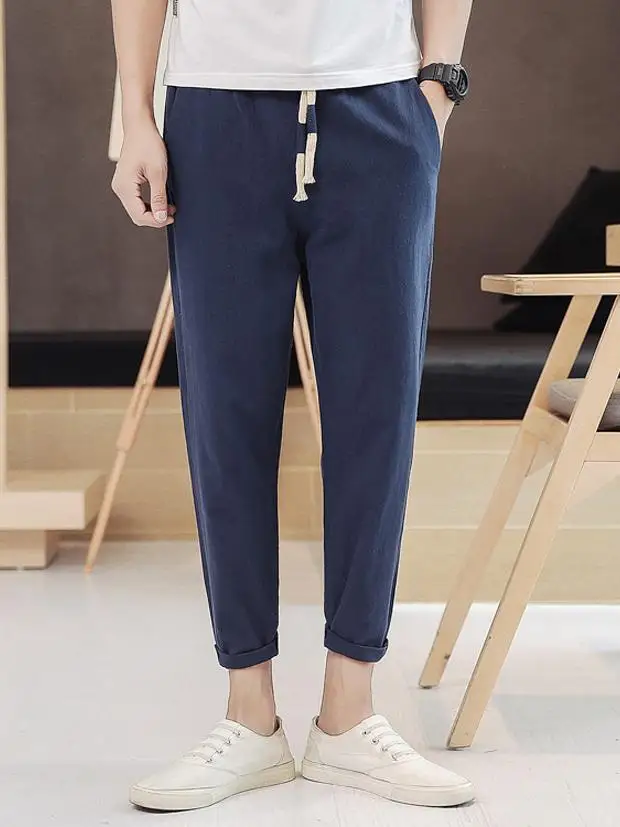 กางเกงขายาวผู้ชายผ้าฝ้ายลินินบางเบาใส่สบายทรงหลวมเอวต่ำสไตล์วัยรุ่น รุ่น Harlan 9 ชิ้น ทรงขาเรียวเล็ก