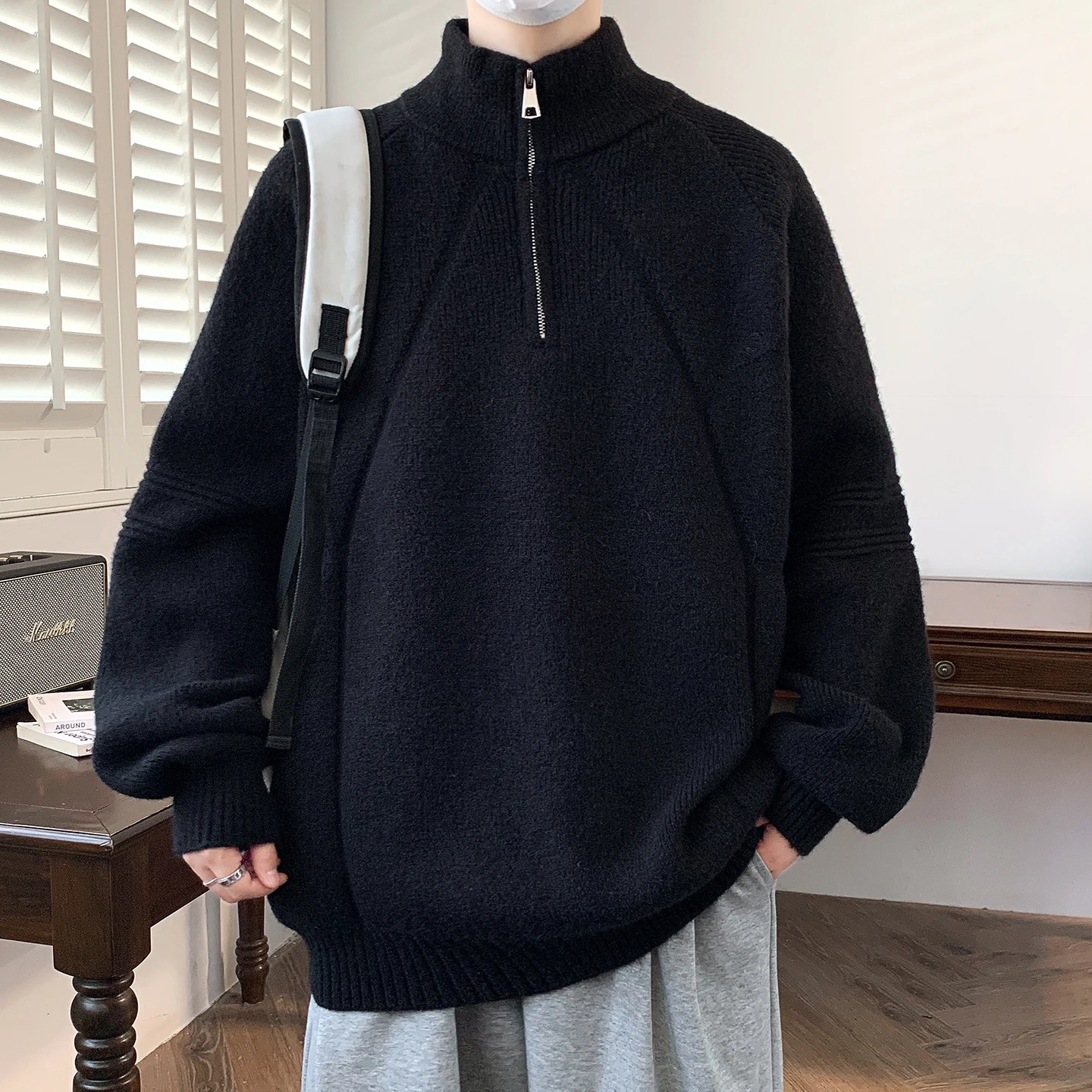 

Premium Half Zipper Sweater Men's 2025 Autumn/Winter Lazy Style Stand Up Collar Warm Thickened Splicing Knitted Base Sweater