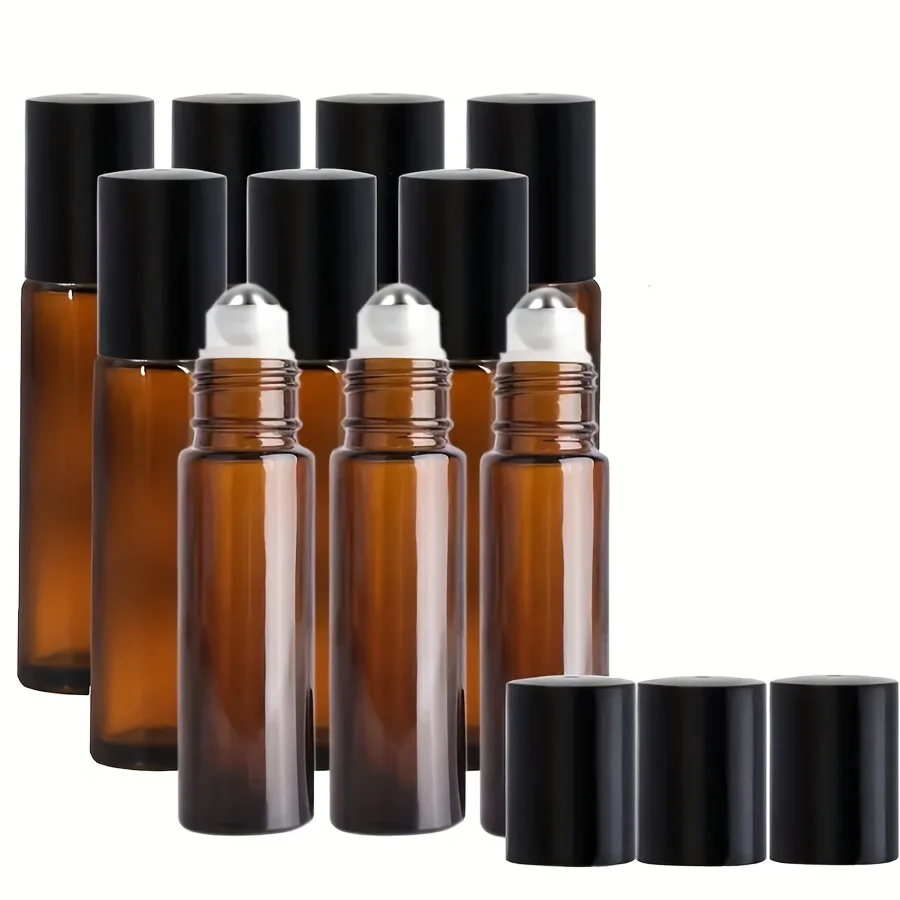 5/10 قطعة 5/10 مللي العنبر الزجاج لفة فارغة على زجاجات إعادة الملء عينة اختبار قوارير الزيت العطري مع حاوية السائل الكرة الدوارة