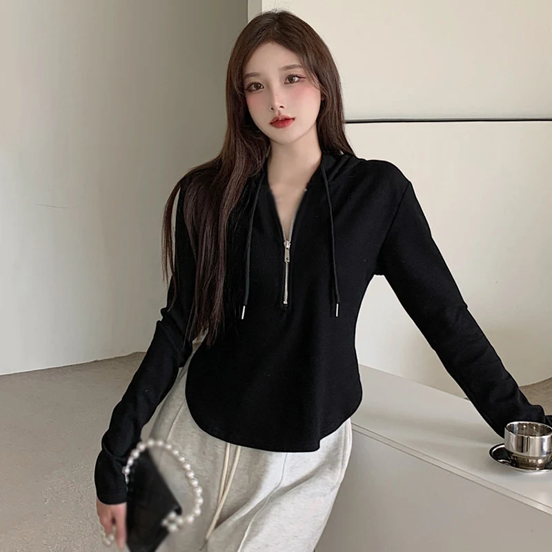 

Women's Long Sleeves Hooded Tops, Pullover, Monochromatic, Casual Fashion, Zipper Hooded, Versatile Sports Coats, Spring, Autumn