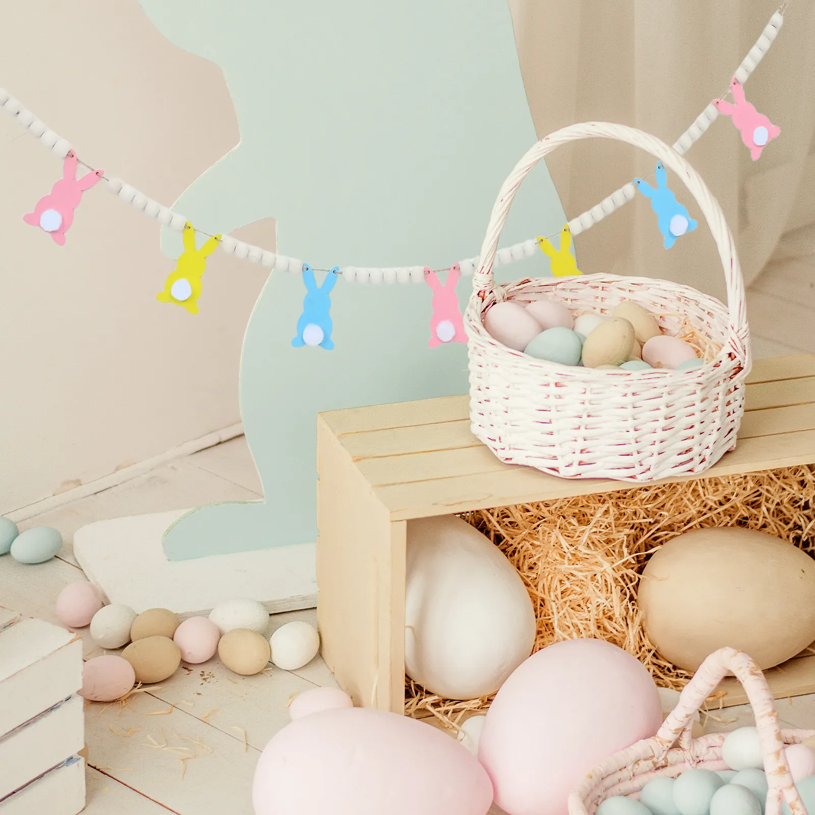 Easter Bunny Beaded Banner Wood Garland Hanging Wall Decor Rustic Easter Party Garden Decorations Spring Birthday Decoration