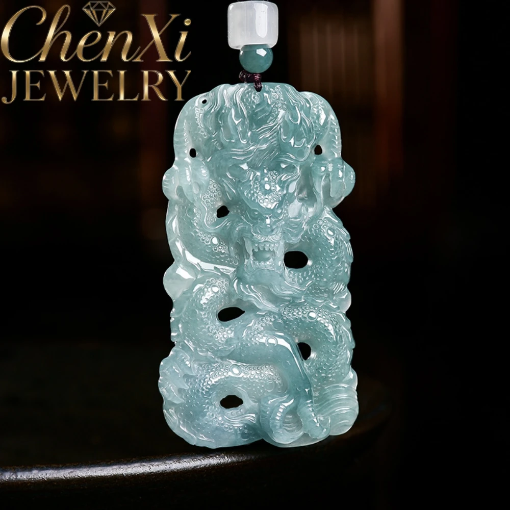 Natural Grade A Icy Blue Water Jadeite Hand Carved Chinese Zodiac Dragon Pendant  Fine Jewelry For Birthday & Collection Gift