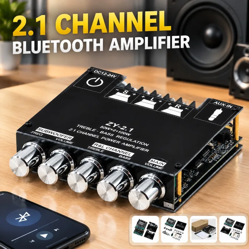ZY-2.1BT Hot Selling 2.1 Channel Bluetooth Digital Power Amplifier Board Module Treble Bass Adjustment Subwoofer Amp for DIY