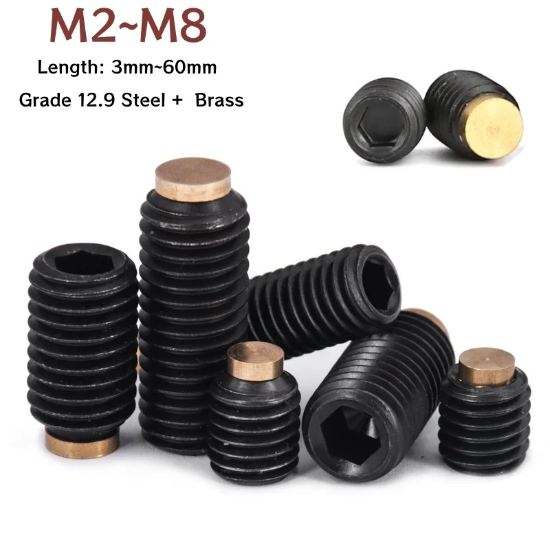 

Black Grade12.9 Steel Hex Socket Set Screw M2 M2.5 M3 M4 M5 M6 M8 with Brass Tip Dog Point Grub Convex Headless Bolt/Stop Screw