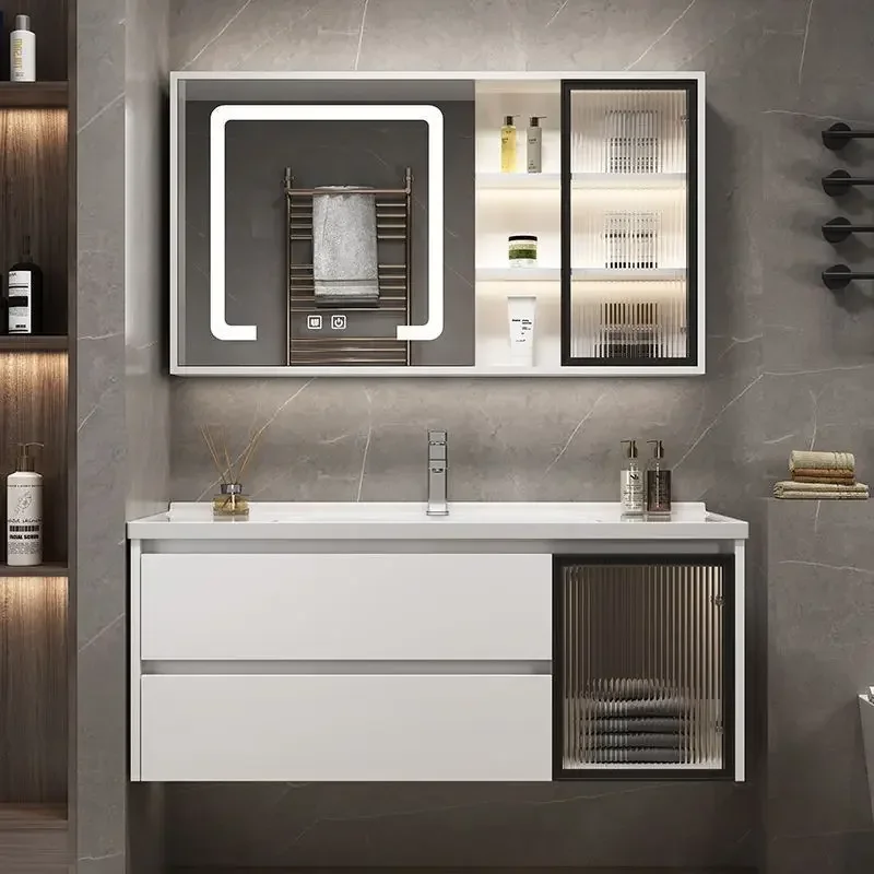 

Bathroom Cabinet Vanity with Ceramic Integrated Sink Storage Combination with Mirror Cabinet Lacquered Bathroom Toilet Furniture