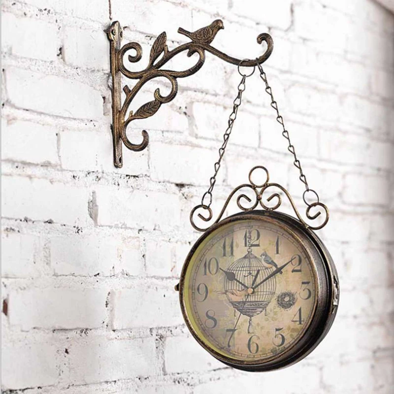 1Pc Antique Outdoor Garden Wall Clock Station Metal Clock Double Sided Bird Vintage Retro Round Mount Hanging Home Decor