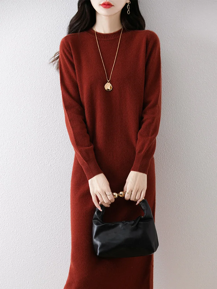 Women's pure wool knitted long skirt, intellectual, fashionable, casual, round neck, 2024 autumn and winter new clothing