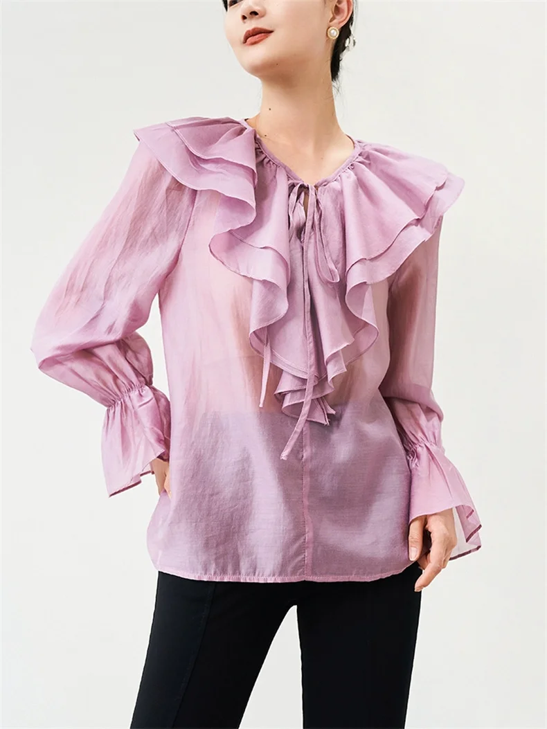 

Summer New Rayon Women Double Layer Lotus Collar Tops Lightweight Long Sleeves Comfortable Solid Color Ventilate Fashion Blouses