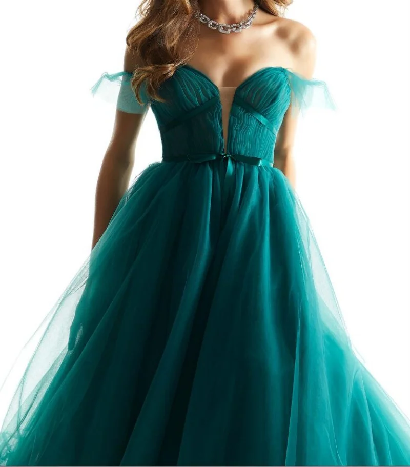 

Сексуальное платье для выпускного вечера с открытыми плечами на заказ, бальное платье, сетчатое вечернее платье с рюшами и шнуровкой сзади, красивое тюлевое вечернее платье