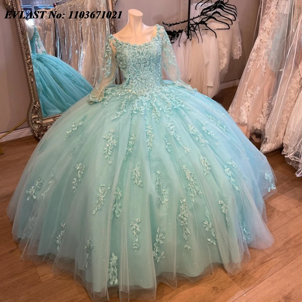 

EVLAST Customized Mint Quinnceanera Dress Ball Gown Long Sleeve Lace Applique Beaded Corset Sweet 16 Vestidos De 15 Anos SQ682