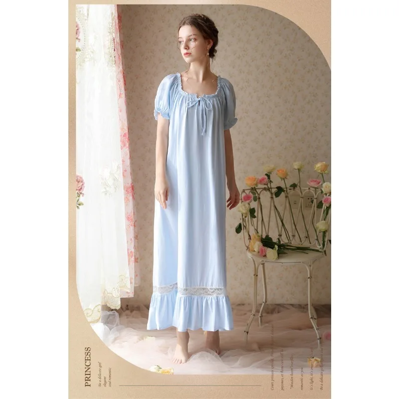 فساتين نوم نسائية صيفية من القطن والدانتيل المرقعة بأكمام قصيرة وفضفاضة ومقاس لطيف على طراز الأميرة بيجامة طويلة لراحة المنزل #6