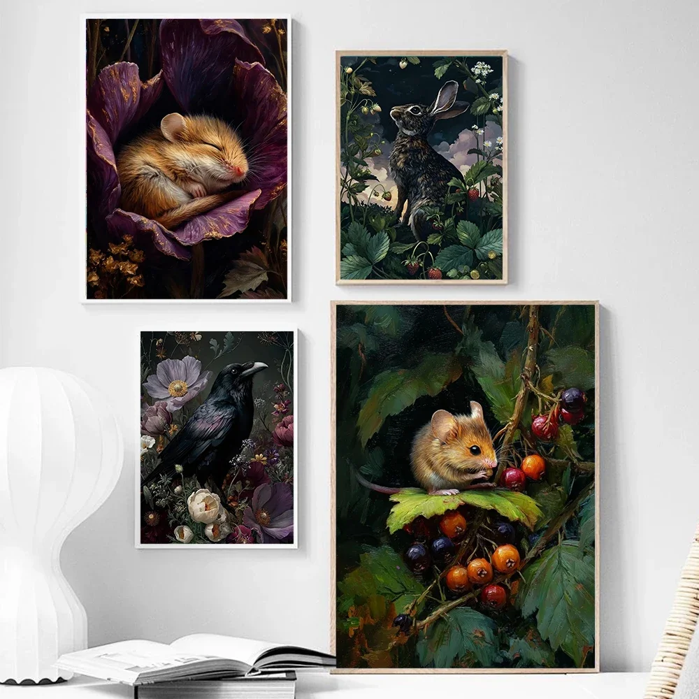 Dark Forest Flowers and Wildlife Art Poster Canvas Painting Oil Painting Printmaking Hotel Homestay Cabin Home Wall Decoration