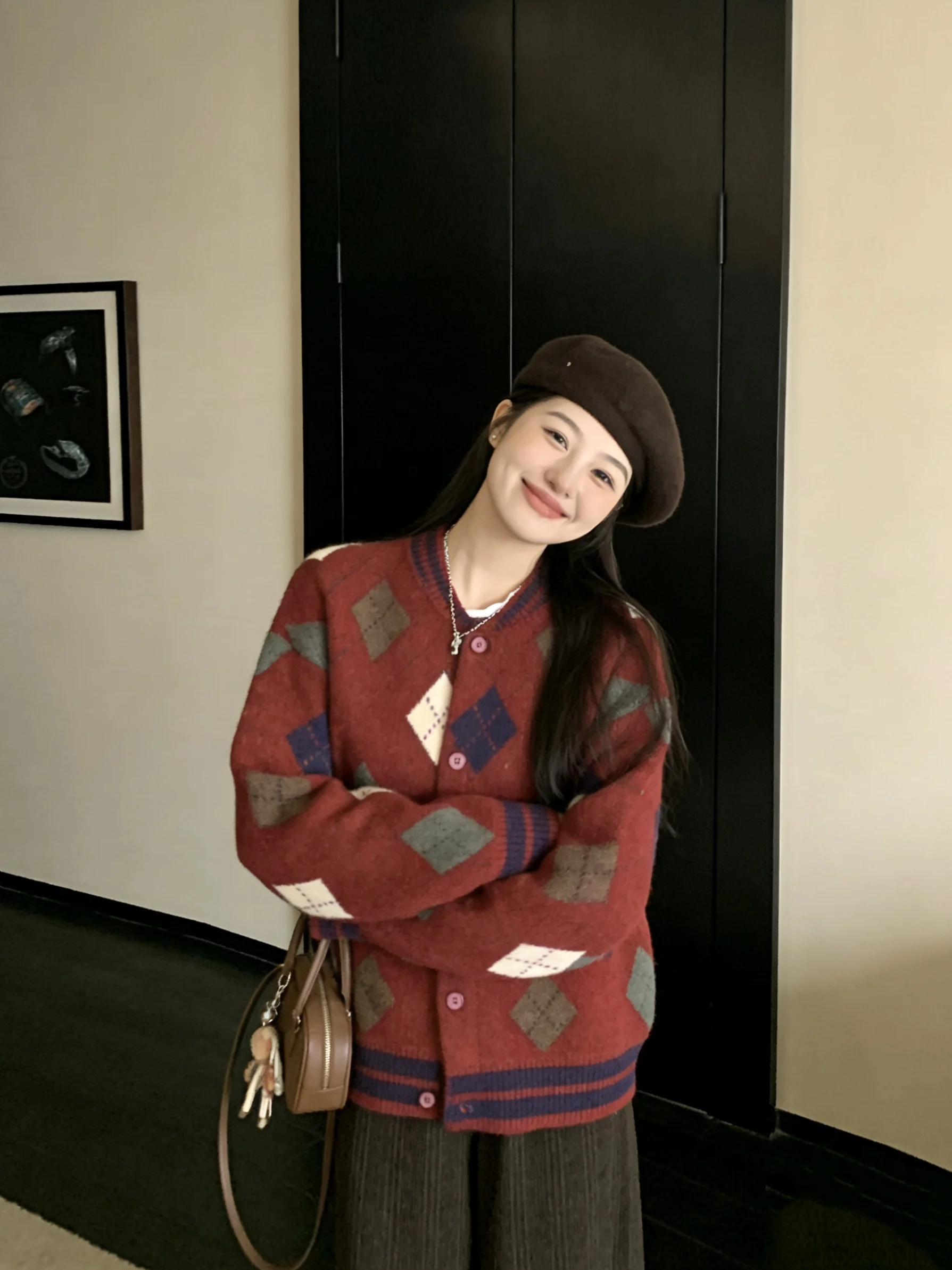 

Retro American Sle Color Blo Diamond Pattern Knitted Sweater Coat Women's Spring Faion Anti Aging Ele Loose Cardigan