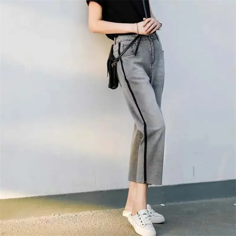 Harun Jeans Female Fall 2023 New Side Vertical Stripes Eight Stretch Capri Pants Western Style Loose And Thin Woman Clothing