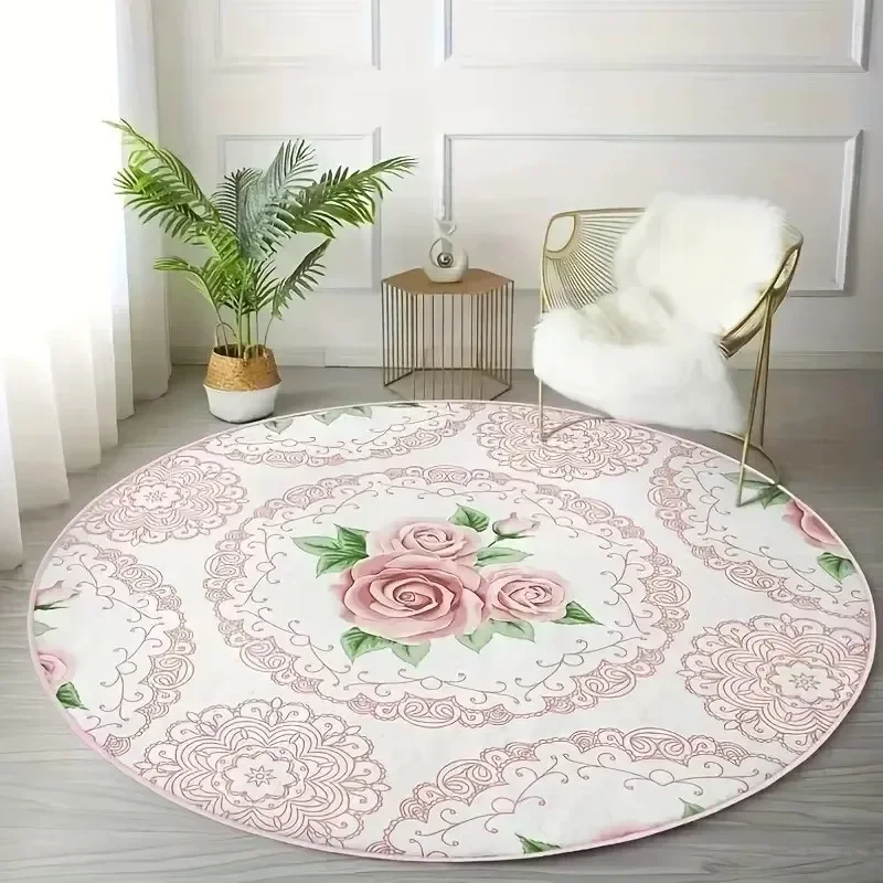 Girly Floral Round Carpet Non-slip Washable for Delicate Romantic Bedroom Dreamy Ballet Practice Area Home Decor Rose Mat