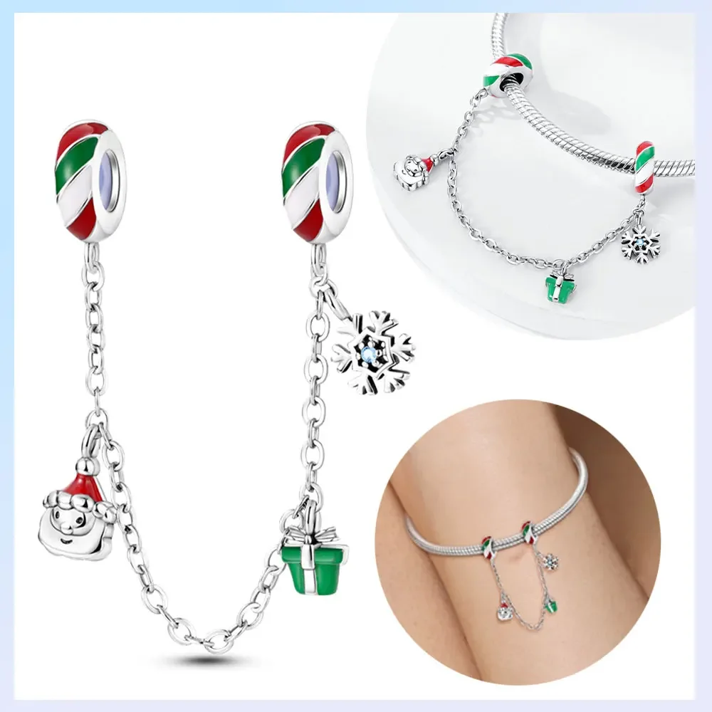 925er Silber vergoldet, Original-Charms, Weihnachtsglocke, Baum, Weihnachtsmann, Schneeflocke, Sicherheitskette, Perlen, passend für Armbänder, Damenschmuck, Geschenk