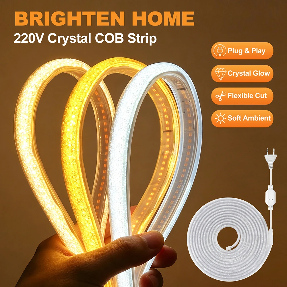 Luxury Crystal Style COB Neon Light White Blue Red Blue Green Strip Rope Lights for Hotel 220V EU/UK Power Plug Kit 288LEDs/m