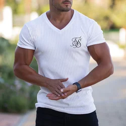 Men V Neck Short Sleeve T Shirt Fitness Slim Fit Sports Strips T-shirt Male Solid Fashion Tees Tops Summer Knitted Gym Shirts