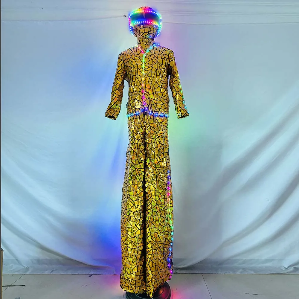Disfraz de Robot con luz LED, traje de lentejuelas con espejo brillante para puesta en escena, zancos, andador, espectáculo, Cosplay, tela reflectante brillante