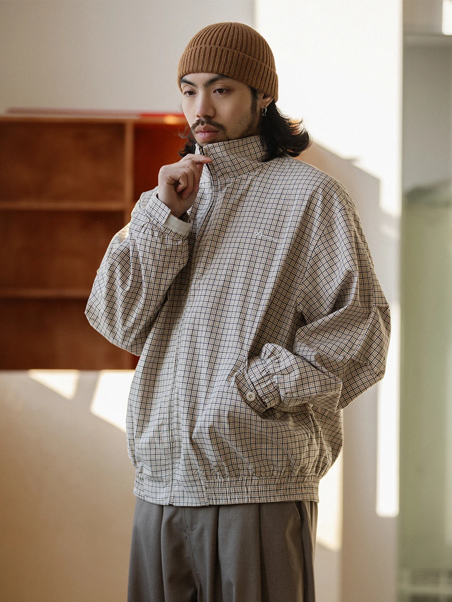 

Noears Retro Japanese Sle Khaki Plaid Casual Jaet Spring Stand Collar Design Embroidered Coat Youth Casual Faion Cotton