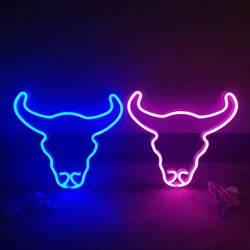 Lampe néon LED tête de taureau, signe d'art mural, lumières de fête de famille, décoration de vacances, décoration de chambre à coucher, cadeaux de Noël