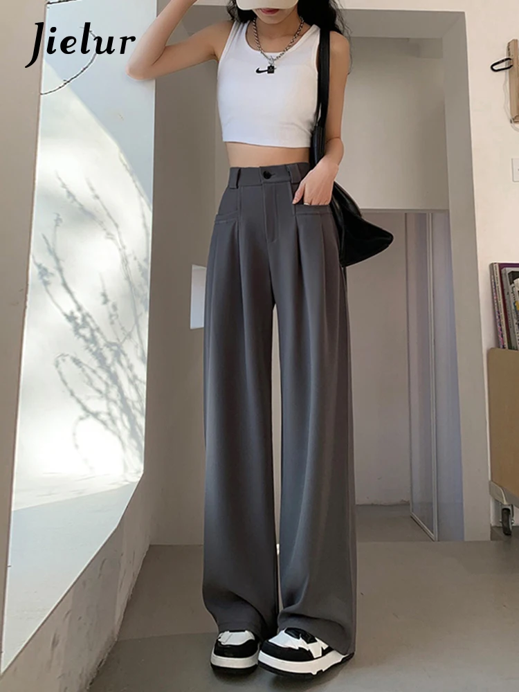 Jielur Losse Grey Fashion Pockets Broek Lady Lente Zomer Hoge Taille Rechte Lange Broek Vrouwelijke Toevallige Wijde Pijpen Broek Vrouwen