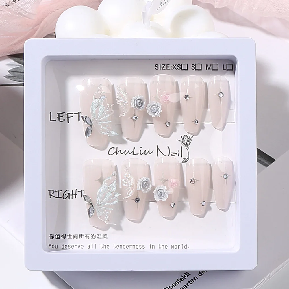 10PC Handmade Ice Transparent Blue Butterfly Press on Nails Elegant Grey Foral False Nail Tips with 24pcs glue tape Summer Nails