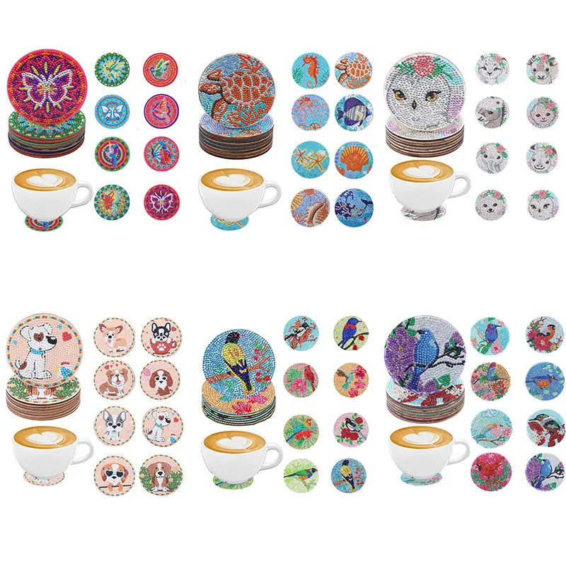 8 Sets DIY-Holzuntersetzer mit Diamant-Malerei und Kristalldiamanten, rutschfest, geeignet als Büro- und Weihnachtsgeschenke.