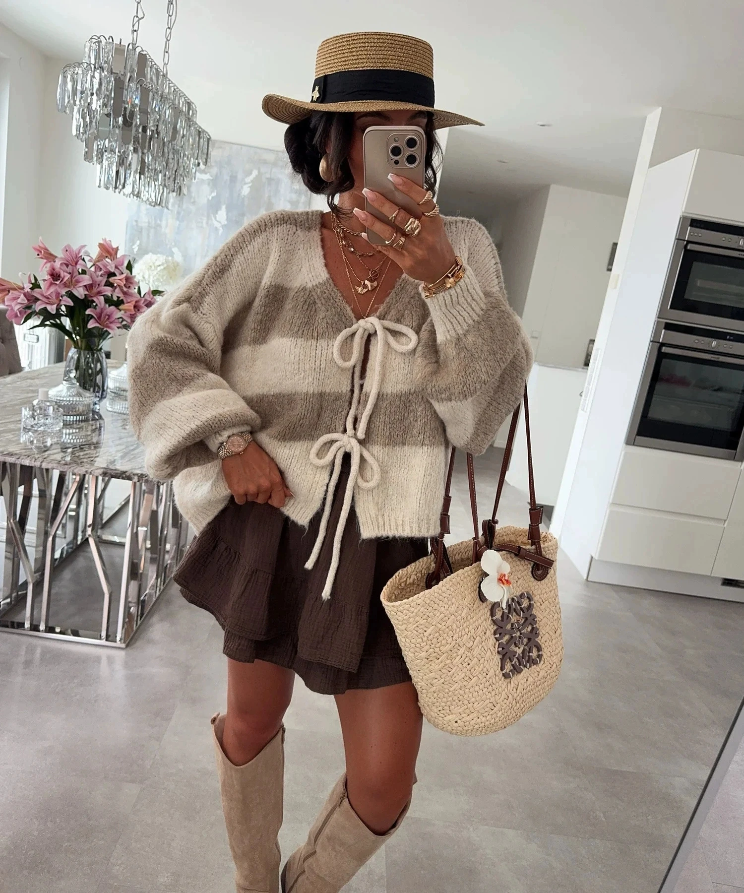 New autumn and winter striped contrasting bow tie knit cardigan elegant, fashionable, loose casual sweater jacket