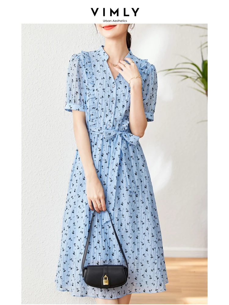 

Vimly Blue Floral Print Midi Summer Dresses Women 2023 New In Short Sleeve Tied Belt V-neck Dress Thin Lyocell Blend Clothes