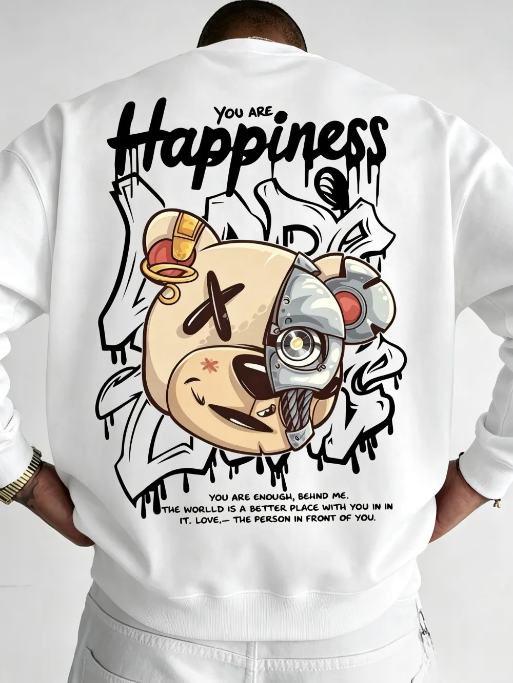 Autumn American Men's Semi Mechanical Teddy Bear Printed Soft and Comfortable Round Neck Long Sleeve T-shirt Outdoor Street Top